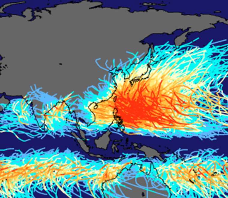Tracks and intensity of historic tropical storms