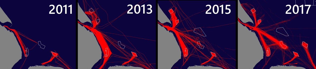 AIS maps showing changes in high speed craft for offshore wind