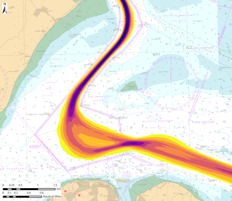Swept path of vessels across the Solent