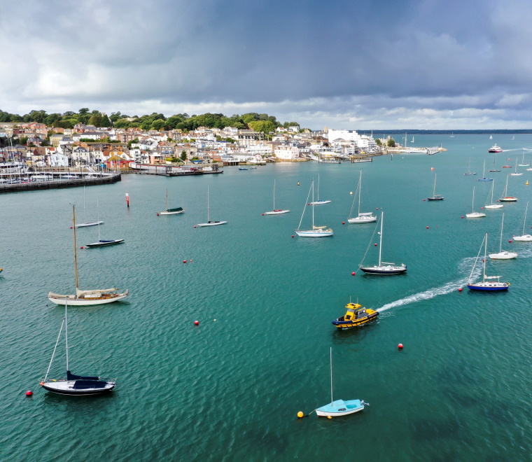 An aerial photo of Cowes Harbour